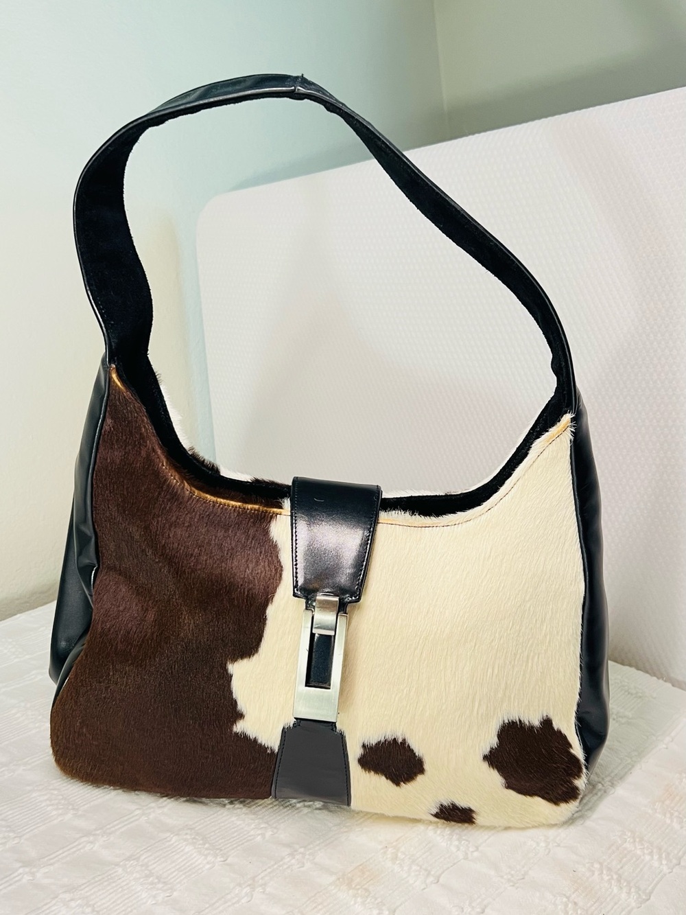 Cowhide Leather Shoulder Bag in Brown & White